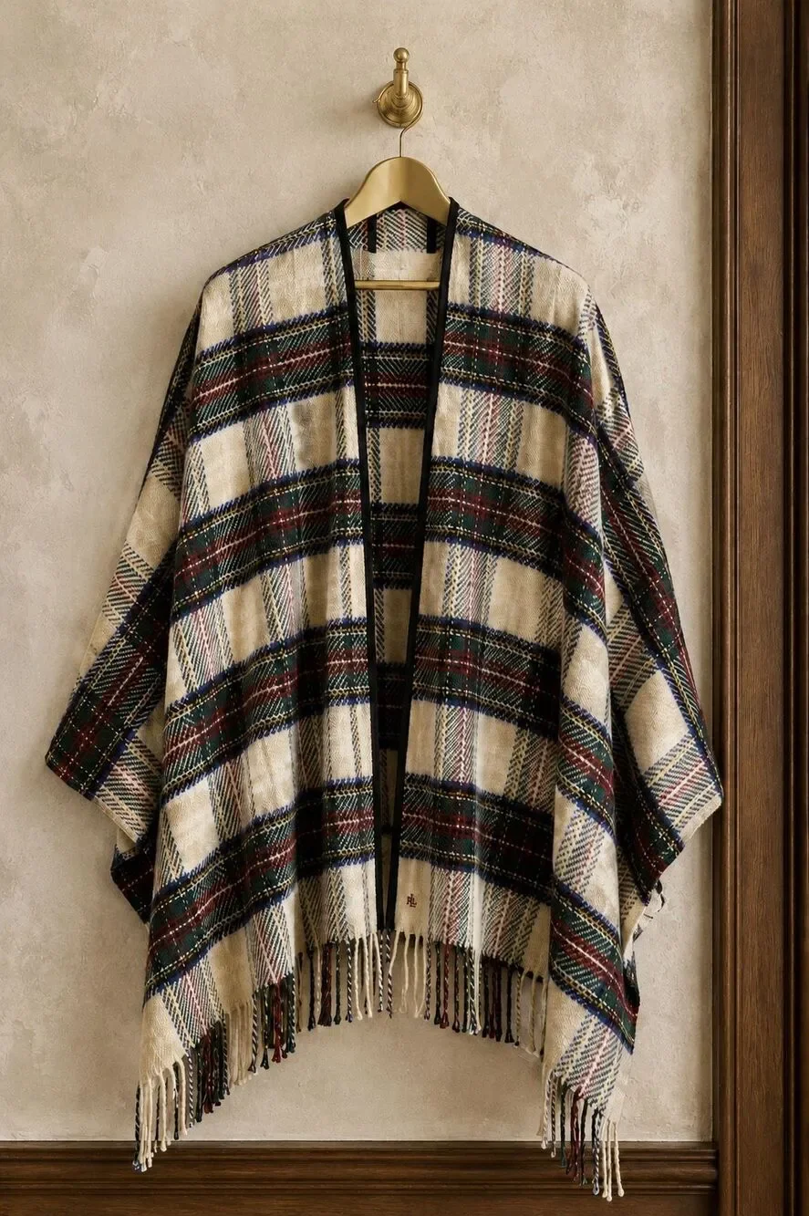 NWOT  Ralph Lauren Lambswool Tartan Plaid Fringe Shawl Cape Wrap, $395